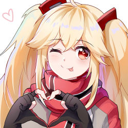 Rule 34 | 1girl, ;p, akusamu, azur lane, blonde hair, bluecher (azur lane), heart, heart hands, highres, long hair, looking at viewer, multicolored clothes, multicolored hair, multicolored scarf, one eye closed, red eyes, scarf, smile, solo, split-color hair, tongue, tongue out, twintails