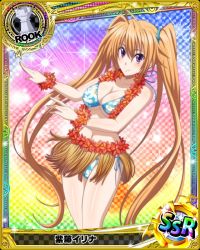 Rule 34 | 1girl, bikini, blush, breasts, card (medium), character name, chess piece, closed mouth, female focus, floral print, high school dxd, large breasts, long hair, looking at viewer, navel, official art, orange hair, purple eyes, rook (chess), shidou irina, solo, swimsuit, trading card, twintails, underboob, very long hair
