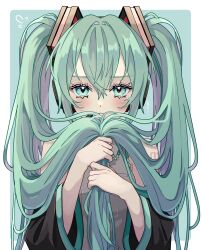 Rule 34 | 1girl, :&lt;, bare shoulders, black sleeves, blue background, blue eyes, blush, border, closed mouth, collared shirt, detached sleeves, dot nose, embarrassed, flying sweatdrops, frilled shirt, frills, green hair, grey shirt, hair between eyes, hair ornament, hatsune miku, headset, highres, holding own hair, long hair, long sleeves, looking at viewer, microphone, naguno-0713, number tattoo, shirt, sidelocks, simple background, sleeveless, sleeveless shirt, solo, straight-on, tattoo, twintails, upper body, very long hair, vocaloid, white border