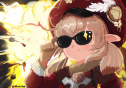 Rule 34 | 1girl, adjusting eyewear, artist name, blonde hair, bomb, charm (object), clover, explosive, genshin impact, gloves, hat, hat feather, highres, hottodg, klee (genshin impact), pointy ears, smile, sparkle, sunglasses