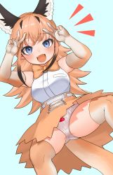 Rule 34 | 1girl, :d, animal ear fluff, animal ears, belt, blue background, blue eyes, blush, bow, bowtie, caracal (kemono friends), choir (artist), double v, elbow gloves, extra ears, fang, gloves, high-waist skirt, highres, kemono friends, long hair, looking at viewer, open mouth, orange bow, orange bowtie, orange hair, panties, shirt, simple background, skirt, sleeveless, sleeveless shirt, smile, solo, spread legs, tail, thighhighs, traditional bowtie, underwear, v, white panties, white shirt