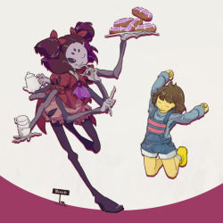 Rule 34 | 1girl, boots, doughnut, extra arms, extra eyes, fangs, female focus, food, frisk (undertale), high heel boots, high heels, arthropod girl, monster girl, muffet, solo, spider girl, tea, teapot, thigh boots, thighhighs, twintails, undertale