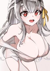 Rule 34 | 1girl, :d, bandaged head, bandages, blush, breasts, cleavage, goddess of victory: nikke, grey hair, hair ribbon, highres, huge breasts, leaning forward, long hair, looking at viewer, modernia (first affection) (nikke), modernia (nikke), nipples through clothes, off-shoulder shirt, off shoulder, official alternate costume, open mouth, red eyes, ribbon, shirt, sidelocks, smile, solo, white shirt, yellow ribbon, yoonsun