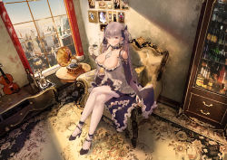Rule 34 | 1girl, absurdres, alcohol, azur lane, bare shoulders, between breasts, black-bird ccn, black footwear, blush, breasts, bridal gauntlets, cabinet, carpet, chair, chinese commentary, cityscape, cleavage, closed mouth, corset, crossed legs, cup, dress, eyelashes, formidable (azur lane), framed image, frilled dress, frills, full body, grey hair, hair between eyes, hair ornament, hair ribbon, high heels, highres, holding, holding cup, indoors, instrument, large breasts, liquor, looking at viewer, phonograph, photo (object), red eyes, ribbon, round table, shadow, shiny skin, sitting, smile, solo, sunlight, table, teacup, twintails, unicorn (azur lane), violin, white corset, white legwear, window