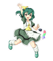 Rule 34 | 1girl, :d, apron, ascot, dress, full body, green hair, highres, huyusilver, looking at viewer, loose socks, mary janes, mrs. estacion, open mouth, orange eyes, shoes, side ponytail, smile, socks, solo, tanabata furin, tareme, waist apron, waving, wind chime