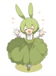 Rule 34 | 1girl, :d, absurdres, animal ears, blush, closed eyes, collared shirt, dress, facing viewer, frilled dress, frills, from above, green dress, green footwear, green hair, hair between eyes, highres, long dress, long sleeves, open hands, open mouth, outstretched arms, pinafore dress, pleated dress, rabbit ears, reaching, reaching towards viewer, shadow, shirt, shoes, short hair, sidelocks, simple background, sleeveless, sleeveless dress, smile, socks, solo, voicevox, white background, white shirt, white socks, zundamon, zunmut