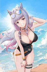 Rule 34 | 1girl, animal ears, arm up, bare arms, bare shoulders, belt, black choker, black one-piece swimsuit, blue sky, blunt bangs, breasts, brown belt, choker, cleavage, commentary request, cowboy shot, day, ema (kuguiema), eyewear on head, gold ship (run revolt launcher) (umamusume), gold ship (umamusume), grey hair, grin, hand in own hair, horse ears, large breasts, long hair, looking at viewer, ocean, one-piece swimsuit, pink eyes, sky, smile, solo, standing, sunglasses, swimsuit, thigh strap, thighs, umamusume, water