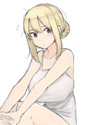 Rule 34 | 1girl, bare arms, bare shoulders, blonde hair, breasts, camisole, closed mouth, commentary request, flying sweatdrops, hair between eyes, highres, large breasts, original, purple eyes, rucchiifu, short hair, simple background, sitting, sketch, solo, stretching, white background