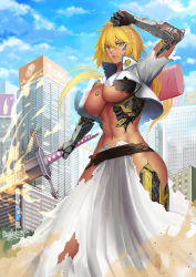 Rule 34 | 1girl, abs, android, arrancar, bleach, blonde hair, breast tattoo, breasts, cable, city, crossed bangs, damaged, dark-skinned female, dark skin, eguchi tumoru, facial mark, frown, green eyes, holding, holding sword, holding weapon, joints, large breasts, long hair, mechanical arms, mechanical parts, navel, number tattoo, robot joints, solo, sword, tattoo, tier harribel, torn clothes, underboob, weapon