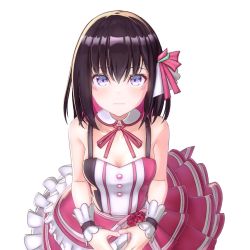 Rule 34 | 1girl, 3d, azki (3rd costume) (hololive), azki (hololive), bare shoulders, black hair, blush, blush stickers, breasts, chuukarudoruhu, cleavage, colored inner hair, commentary request, detached collar, dress, gloves, hair ornament, highres, hololive, looking at viewer, multicolored hair, purple eyes, short hair, simple background, solo, virtual youtuber, white background, wrist cuffs