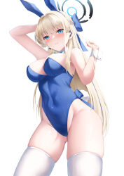 Rule 34 | 1girl, animal ears, bare shoulders, blonde hair, blue archive, blue bow, blue eyes, blue hairband, blue leotard, bow, bowtie, braid, breasts, closed mouth, detached collar, earpiece, fake animal ears, groin, hairband, halo, highleg, highleg leotard, highres, large breasts, leotard, long hair, microphone, official alternate costume, official alternate hairstyle, playboy bunny, rabbit ears, simple background, skindentation, smile, solo, tatsumiya kagari, thighhighs, thighs, toki (blue archive), toki (bunny) (blue archive), very long hair, white background, white thighhighs, wrist cuffs