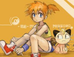 Rule 34 | 1girl, blue eyes, closed mouth, copyright name, creatures (company), game freak, gen 1 pokemon, gym leader, looking at viewer, meowth, midriff, misty (pokemon), nintendo, orange hair, pokemon, pokemon (creature), pokemon rgby, short hair, shorts, side ponytail, simple background, yuusuke (5yusuke3)