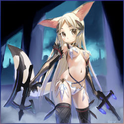 Rule 34 | 1girl, animal ears, black thighhighs, blonde hair, blush, bow (weapon), breasts, brown eyes, crossbow, dual wielding, elbow gloves, gloves, gun, hair ornament, holding, long hair, medium breasts, navel, no bra, original, revealing clothes, sky, solo, standing, tail, thighhighs, tougetsu gou, underboob, very long hair, weapon, yellow eyes