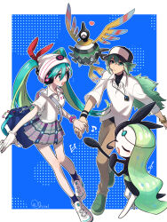 Rule 34 | 1boy, 1girl, aqua hair, bag, bag charm, baseball cap, beanie, blush, brown pants, charm (object), closed eyes, creatures (company), crossover, game freak, gen 5 pokemon, gloves, green eyes, green footwear, green hair, hair between eyes, hat, hatsune miku, headphones, heart, highres, hii (hii101), holding hands, jewelry, legendary pokemon, long hair, meloetta, meloetta (aria), multicolored hair, musical note, mythical pokemon, n (pokemon), necklace, nintendo, open mouth, pants, pleated skirt, pokemon, pokemon (creature), pokemon bw, project voltage, psychic miku (project voltage), shirt, shoes, short sleeves, sigilyph, simple background, single glove, skirt, sneakers, twintails, vocaloid, white footwear, white gloves, white shirt