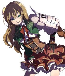 Rule 34 | 1girl, :3, belt, brown hair, ciconia no naku koro ni, dress, frills, gauntlets, gloves, green eyes, green vest, hand on own hip, highres, lilja viljakainen, long hair, looking at viewer, necktie, open clothes, prgdmk, pulla, simple background, single gauntlet, solo, vest, white background