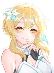 Rule 34 | 1girl, bare shoulders, blonde hair, breasts, cleavage, commentary request, flower, genshin impact, hair flower, hair ornament, highres, large breasts, long hair, lumine (genshin impact), simple background, solo, suzuori fika, upper body, white background, white flower, yellow eyes