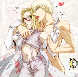 Rule 34 | 3boys, ?, animal ears, bare shoulders, blonde hair, blood, blood on clothes, blue eyes, blush, captain (hellsing), cat boy, cat ears, chibi, clenched teeth, doctor (hellsing), flying sweatdrops, from behind, glasses, gloves, green eyes, heart, hellsing, holding another&#039;s wrist, lab coat, male focus, midriff, multiple boys, navel, nazi, nude, schroedinger (hellsing), short hair, sleeveless, suspenders, syringe, teeth, tongue, tongue out, wince, yaoi