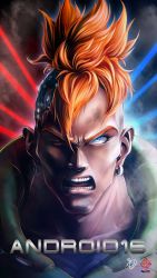 Rule 34 | 1boy, absurdres, android, android 16, aqua eyes, bad id, bad pixiv id, character name, collarbone, dragon ball, dragonball z, earrings, highres, jewelry, kanchiyo, male focus, mohawk, one eye closed, open mouth, orange hair, portrait, serious, signature, solo
