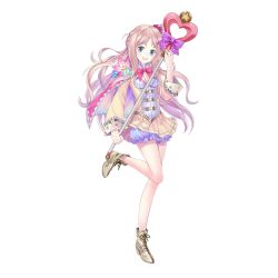 Rule 34 | 1girl, ankle boots, atelier (series), atelier meruru, bloomers, blue eyes, boots, breasts, cape, commentary request, crown, detached sleeves, dress, floral print, frills, full body, kishida mel, leg up, medium breasts, merurulince rede arls, open mouth, pink hair, ribbon, short dress, skirt, smile, solo, staff, transparent background, underwear, white bloomers, yellow skirt