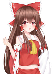 Rule 34 | 1girl, absurdres, ascot, bow, brown hair, commentary request, frilled bow, frilled hair tubes, frills, hair between eyes, hair bow, hair tubes, hakurei reimu, hand on own hip, highres, hip vent, long hair, midriff, money, navel, red bow, red eyes, simple background, solo, touhou, upper body, useless (102960190014), very long hair, white background, yellow ascot