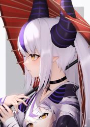 Rule 34 | 1girl, black choker, character print, choker, demon horns, highres, holding, holding umbrella, hololive, horns, japanese clothes, kimono, la+ darknesss, la+ darknesss (new year), long hair, long sleeves, looking away, multicolored hair, nail polish, parted lips, pointy ears, print kimono, profile, purple hair, purple nails, self character print, solo, streaked hair, thomas 8000, twintails, umbrella, upper body, virtual youtuber, white hair, yellow eyes