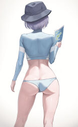 Rule 34 | 1girl, afe., ass, bare legs, blue archive, bob cut, bucket hat, butt crack, commentary, facing away, feet out of frame, from behind, hat, highres, holding, holding map, kneepits, long sleeves, map, median furrow, official alternate costume, purple hair, rash guard, saki (blue archive), saki (swimsuit) (blue archive), short hair, simple background, solo, white background