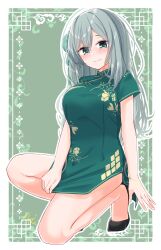 Rule 34 | 1girl, 3:, ahoge, alternate costume, alternate hairstyle, aqua eyes, aqua hair, arm at side, blush, border, bracelet, breasts, china dress, chinese clothes, closed mouth, commentary request, covering crotch, covering privates, dress, dress tug, embarrassed, eyelashes, eyes visible through hair, floral print, full body, green background, green dress, hair between eyes, hair bun, highres, jewelry, kneeling, large breasts, long hair, looking at viewer, nose blush, riddle joker, shikibe mayu, short dress, short sleeves, silver116, simple background, single side bun, solo, split mouth, wavy hair, white border