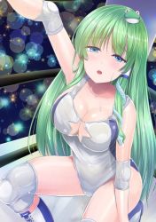 Rule 34 | 1girl, audience, blue eyes, blue leotard, breasts, cleavage cutout, clothing cutout, collarbone, elbow pads, exhausted, frog hair ornament, from above, green hair, hair between eyes, hair ornament, hair tubes, holding, holding rope, knee pads, kochiya sanae, large breasts, leotard, lights, lips, looking at viewer, looking up, open mouth, rope, snake hair ornament, sparkle, stage lights, sweat, touhou, touhou tag dream, white leotard, wrestling outfit, wrestling ring, y2