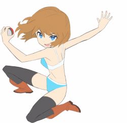 Rule 34 | 1girl, blue bra, blue eyes, blue panties, boots, bra, brown hair, creatures (company), game freak, hat, nintendo, outstretched arm, outstretched hand, panties, pink skirt, poke ball, pokemon, pokemon (anime), pokemon xy (anime), saitou naoki, serena (pokemon), short hair, simple background, sketch, skirt, smile, thighhighs, underwear, white background