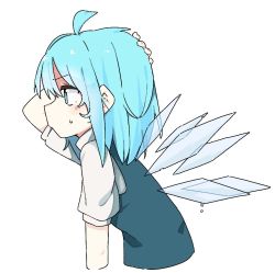 Rule 34 | 1girl, ahoge, blue eyes, blue hair, blue vest, cirno, commentary request, cropped torso, detached wings, from side, hand on own head, hand up, ice, ice wings, kae karee, leaning forward, medium hair, profile, shirt, short sleeves, simple background, solo, touhou, upper body, vest, white background, white shirt, wings