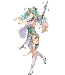 Rule 34 | 1girl, asymmetrical clothes, bandages, blue eyes, boots, breasts, fire emblem, fire emblem heroes, full body, gradient clothes, gradient hair, green hair, hair ornament, heidr (fire emblem), heterochromia, highres, holding, long hair, medium breasts, multicolored hair, nintendo, non-web source, official art, orange hair, pants, pelvic curtain, purple hair, silver trim, single boot, solo, standing, thigh strap, thighs, transparent background, twintails, wand, wide sleeves, yellow eyes, yoshiku (oden-usagi)