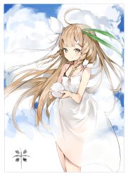 Rule 34 | 1girl, ahoge, bangle, bare arms, bare shoulders, blue sky, blush, bow, bowl, bracelet, braid, brown eyes, brown hair, closed mouth, cloud, cloudy sky, collarbone, commentary request, day, dress, hair bow, hair ornament, hairclip, highres, holding, holding bowl, jewelry, long hair, md5 mismatch, navel, original, outdoors, resolution mismatch, rice, rice bowl, see-through, side braid, silver (chenwen), sky, smile, solo, source smaller, twintails, very long hair, white bow, white dress