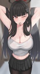 Rule 34 | 1girl, arms behind head, arms up, black hair, black skirt, blue archive, blush, breasts, bright pupils, camisole, cleavage, hairband, halo, hands in hair, highres, large breasts, long hair, looking at viewer, midriff, miniskirt, pantyhose, red eyes, rio (blue archive), skirt, solo, sweat, white camisole, woodhxx