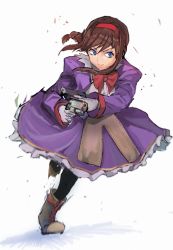 Rule 34 | 1girl, belt, blue eyes, braid, brown hair, closed mouth, dress, gloves, gun, hairband, long hair, madsensei, pantyhose, purple dress, red hairband, simple background, smile, solo, virginia maxwell, weapon, white background, wild arms, wild arms 3