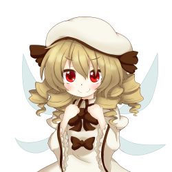 Rule 34 | 1girl, blonde hair, blush, bow, brown hair, chestnut mouth, drill hair, fairy wings, female focus, hat, highres, keyaki chimaki, long hair, luna child, red eyes, smile, solo, touhou, transparent background, white background, wings