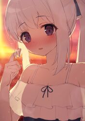 Rule 34 | 1girl, absurdres, backlighting, bare shoulders, bitseon, black ribbon, blue archive, blurry, blurry background, blush, bow, breasts, cleavage, collarbone, depth of field, frills, hair bow, hair ribbon, hand up, highres, long hair, looking at viewer, miyako (blue archive), miyako (swimsuit) (blue archive), nose blush, off-shoulder one-piece swimsuit, off shoulder, one-piece swimsuit, open mouth, orange sky, outdoors, parted lips, playing with own hair, ponytail, purple eyes, ribbon, shirt, sidelocks, sky, small breasts, solo, sunset, swimsuit, upper body, white hair