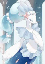 Rule 34 | animal focus, artist name, blue eyes, blue hair, closed mouth, colored eyelashes, colored skin, commentary request, creatures (company), game freak, gen 7 pokemon, highres, iwasi 29, long hair, multi-tied hair, nintendo, no humans, pokemon, pokemon (creature), primarina, sea lion, snout, sparkle, twitter username, white skin