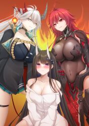 Rule 34 | 3girls, ahoge, arm armor, armor, armored boots, armored leotard, asymmetrical horns, azur lane, bare shoulders, black armor, black dress, black footwear, black gloves, black hair, black jacket, blush, bodystocking, boobplate, boots, breastplate, breasts, cleavage, closed mouth, collar, collarbone, commentary request, commission, covered navel, crossed arms, crossover, dress, earrings, embarrassed, fire, flying sweatdrops, gloves, goddess of victory: nikke, hair between eyes, hair on horn, hair ornament, hairclip, hakuryuu (azur lane), hand on own knee, highres, horns, jacket, jewelry, large breasts, long hair, long sleeves, looking at another, mismatched horns, momijizuki luna, multiple girls, multiple horns, nihilister (nikke), noshiro (azur lane), noshiro (cozy enclave) (azur lane), off shoulder, official alternate costume, oni horns, parted lips, pelvic curtain, pixiv commission, pleated dress, purple eyes, red background, red eyes, red hair, red horns, see-through, see-through cleavage, shirt, sidelocks, sitting, skindentation, smile, standing, tassel, tassel earrings, thigh strap, very long hair, wariza, white eyes, white hair, white horns, white shirt