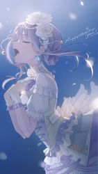 Rule 34 | 1girl, bang dream!, blue background, blue theme, braid, closed mouth, commentary, cowboy shot, crescent, crescent hair ornament, cross-laced clothes, cross-laced dress, dated, dress, earrings, falling petals, flower, frilled dress, frilled gloves, frills, from side, glint, gloves, gradient background, grey hair, hair flower, hair ornament, hairband, hands on own chest, hands up, happy birthday, highres, jewelry, layered dress, light particles, long hair, minato yukina, music, neck flower, nobusawa osamu, official alternate costume, official alternate hairstyle, open mouth, pearl hair ornament, petals, profile, purple dress, rose, see-through, short sleeves, sidelocks, singing, solo, standing, two-tone dress, white dress, white flower, white gloves, white hairband, white rose