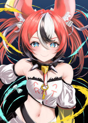 1girl absurdres animal_ears belt black_belt black_hair blue_eyes blush breasts cheese collar detached_sleeves dice_hair_ornament food hair_ornament hakos_baelz hakos_baelz_(1st_costume) highres hololive hololive_english jewelry key key_necklace long_hair long_sleeves looking_at_viewer midriff mouse_ears mouse_girl mouse_tail multicolored_hair navel necklace red_hair smile solo spiked_collar spikes stomach streaked_hair tail tail_ornament tank_top twintails virtual_youtuber wakaunderblade7 white_hair