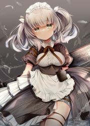 Rule 34 | 1girl, absurdres, apron, belt pouch, black shirt, blunt bangs, blush, breasts, center frills, chi no, collared shirt, framed breasts, frilled shirt, frills, grey eyes, grey hair, highres, huge weapon, looking at viewer, maid, maid headdress, medium breasts, medium hair, original, parted lips, pouch, puffy short sleeves, puffy sleeves, shirt, short sleeves, solo, sword, sword behind back, thigh strap, two side up, waist apron, weapon, white apron, white shirt
