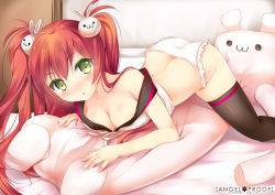 Rule 34 | 1girl, :3, black thighhighs, blush, breasts, rabbit hair ornament, cleavage, duji amo, green eyes, hair ornament, highres, large breasts, long hair, looking at viewer, off shoulder, open mouth, original, panties, pillow, rabbit, red hair, solo, stuffed animal, stuffed rabbit, stuffed toy, thighhighs, twintails, underwear, usagihime, white panties