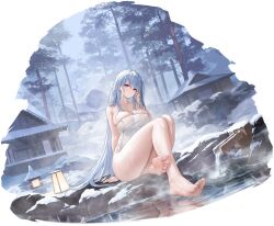 Rule 34 | 1girl, absurdres, azur lane, bare legs, bare shoulders, barefoot, blue hair, breasts, collarbone, feet, full body, hair between eyes, highres, large breasts, legs, long hair, looking at viewer, naked towel, non-web source, official alternate costume, official art, onsen, outdoors, playing with own hair, purple eyes, sitting, snow, soles, solo, stone lantern, thighs, toes, towel, tree, very long hair, voroshilov (azur lane), voroshilov (devoted as the warm snow) (azur lane), water