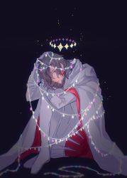 Rule 34 | 1boy, black background, black hair, boots, cloak, closed mouth, commentary, constantine xi (fate), crying, crying with eyes open, earrings, fate/grand order, fate (series), full body, gloves, hair over one eye, halo, hand on own head, highres, hugging own legs, jewelry, jing84672940, knee boots, knees up, light particles, long hair, looking at viewer, male focus, pants, shirt, solo, string lights, symbol-only commentary, tears, tunic, white cloak, white footwear, white gloves, white pants, white shirt, white tunic