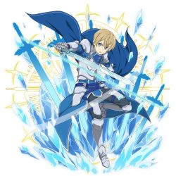 Rule 34 | 1boy, armor, armored boots, blonde hair, blue cape, blue eyes, blue rose sword, boots, breastplate, cape, eugeo, faulds, full body, gauntlets, grey pants, hair between eyes, highres, holding, holding sword, holding weapon, knee boots, looking at viewer, male focus, non-web source, official art, open mouth, pants, pauldrons, shoulder armor, solo, standing, standing on one leg, sword, sword art online, transparent background, weapon