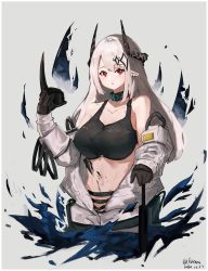 Rule 34 | 1girl, absurdres, airnery, arknights, bare shoulders, black gloves, breasts, coat, collarbone, crop top, cropped torso, earrings, gloves, grey background, highres, holding, horns, jewelry, large breasts, long hair, long sleeves, looking at viewer, mask, material growth, midriff, mudrock (arknights), mudrock (elite ii) (arknights), off shoulder, open clothes, open coat, oripathy lesion (arknights), oversized clothes, parted lips, pointy ears, red eyes, sidelocks, silver hair, sleeveless, solo, sports bra, stomach, unworn mask, white coat