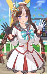 Rule 34 | 1girl, :d, absurdres, animal ears, asymmetrical gloves, beret, black gloves, blunt bangs, blush, bow, braid, breasts, brown hair, confetti, cowboy shot, den (den1115 ), ear covers, gloves, hair bow, hat, highres, hokko tarumae (umamusume), horse ears, horse girl, horse tail, large breasts, long hair, looking at viewer, mismatched gloves, multicolored hair, open mouth, purple eyes, sailor hat, sidelocks, smile, solo, tail, twin braids, two-tone hair, umamusume, white gloves, white hair, white hat