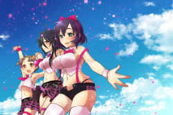 Rule 34 | 10s, 3girls, ahoge, arm up, bare shoulders, belt, black hair, black panties, blush, bow, breasts, brown eyes, brown hair, closed mouth, cloud, confetti, crop top, fukuhara mikoto, green eyes, hair bow, holding hands, interlocked fingers, large breasts, light blush, long hair, looking at viewer, love live!, love live! school idol festival, medium breasts, midriff, mole, mole under eye, multiple girls, navel, necktie, no bra, open fly, open mouth, outdoors, panties, pink bow, purple hair, sakamaki chiduko, saneatsu, shiga hitomi, short hair, short twintails, shorts, sideboob, skirt, sky, small breasts, smile, standing, sweat, thighhighs, thighs, twintails, underboob, underwear