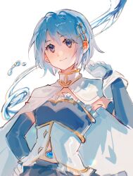 Rule 34 | 1girl, blue eyes, blue hair, bodice, cape, chinese commentary, collared cape, commentary request, detached sleeves, fortissimo, frills, gloves, hair ornament, hand on own hip, hand up, highres, hydrokinesis, magical girl, mahou shoujo madoka magica, mahou shoujo madoka magica (anime), miki sayaka, miki sayaka (magical girl), musical note, musical note hair ornament, short hair, simple background, smile, solo, upper body, water, white background, white cape, white gloves, ziyin