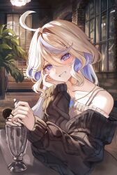 Rule 34 | 1girl, absurdres, alternate costume, bare shoulders, black sweater, blue eyes, dasha, furina (genshin impact), genshin impact, grin, hair intakes, highres, indoors, jewelry, long hair, long sleeves, looking at viewer, pendant, smile, solo, sweater, upper body, white hair